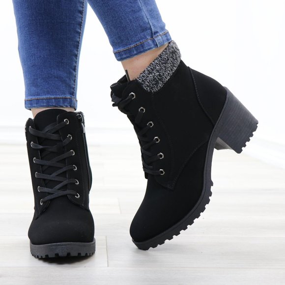 Nubuck Lug Chunky Heel Warm Lining Black Ankle Booties - Picture 7 of 12